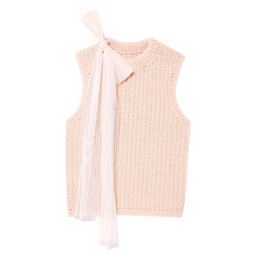 Sleeveless transparent stiff yarn bow decoration knitted vest top for women